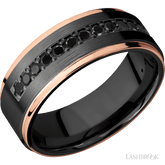 8 mm wide/Flat Grooved Edges/Zirconium band with a Half Eternity arrangement of 03 carat Round Black Diamond stones in a Bead setting and featuring two 1 mm Edge inlays of 14K Rose Gold
